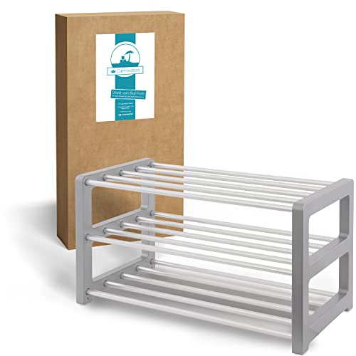 Calmwaters® Schuhregal 60 cm Made in Germany mit 3 Etagen, offenes Regal mit Aluminium-Streben, stapelbarer Schuhständer, 60 x 33 x 32 cm, Schuhablage zum Stecken für bis zu 9 Paar Schuhe, Silber Cover