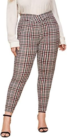WDIRARA Women's Plus Size Camo Print Tie Front Stretch Skinny Long Pants Multicolor Plaid 2XL