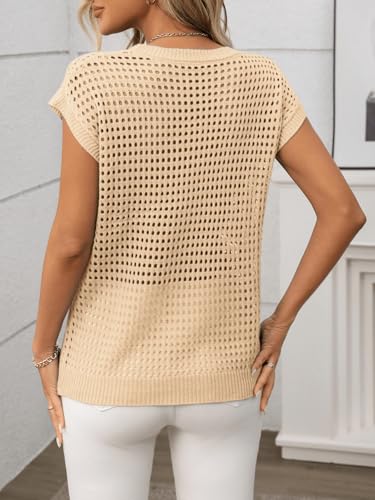Image of Womens Crochet Cap Sleeve Sweater Summer Crew Neck Casual Hollow Out Knit Tops Pullover Trendy Beach Cover Ups Outfits