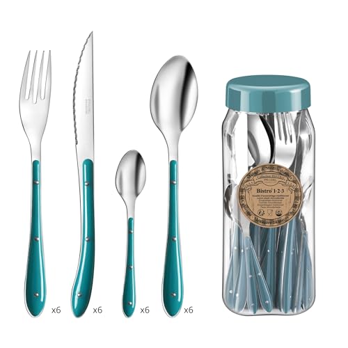 PRADEL ESSENTIEL - Ménagère 24 couverts de table pour 6 personnes - Bistro 1-2-3 - Acier Inoxydable 18/0, Finition Standard - Bleu Canard (Epaisseur 1.5 mm)