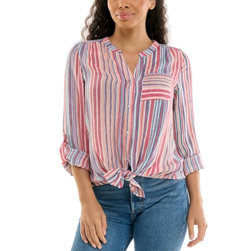 Zac & Rachel Women's Long Sleeve Linen-Like Button Up Shirt with Front Tie + Pocket, Bright White/Diffused Orchid, M