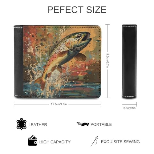 Vintage Trout Fish Jumping Leather Wallets for Men Bifold Wallets Clutch Purses with Card Slots with 6 Credit ID Card Slot2