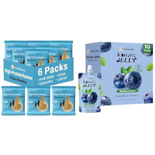 Hethstia High-Protein Ramen, Plain 22g Protein Noodles (6-Pack) + Blueberry Flavor Konjac Jelly, 10 Drinkable Pouches, Vegan, Low Calorie, Gluten-Free, Keto, Quick Healthy Meal & Snack