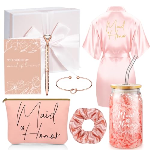 Irenare 8 Pcs Maid of Honor Proposal Gifts Set Robes Makeup Bag Cup Cards Hair Tie Bracelet Diamond Pen Bridesmaid Gift Box