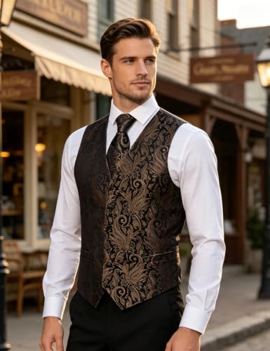 Image of DiBanGu Mens Vest and Tie Set Formal Paisley Waistcoat and Necktie Pocket Square Cufflinks Silk Suit Vest for Tuxedo Wedding
