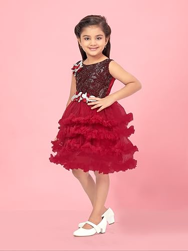 Image of Aarika Girls Dark Green Colour Self Design Net Frock