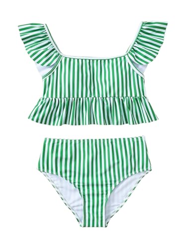 Floerns Girl's 2 Piece Swimsuits Striped Ruffle Hem High Waisted Bathing Suit
