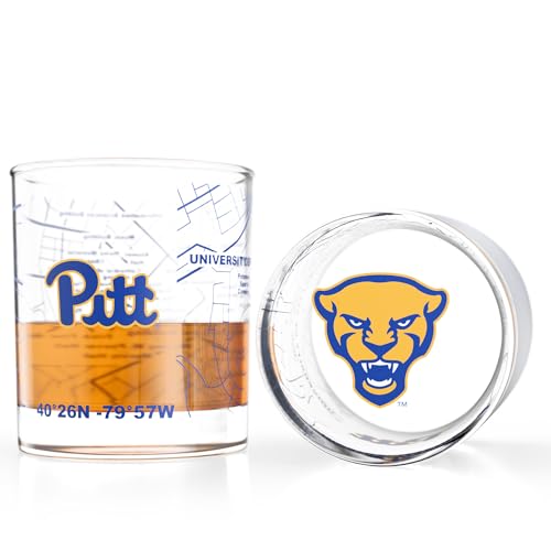 Image of Greenline Goods - University of Pittsburgh Panthers College Whiskey Glasses (Set of 2), 10 oz - Full-Color Logo + Campus Map