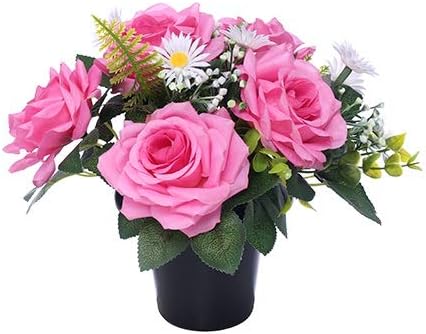 25cm Artificial Flowers In A Pot | Fake Flowers Artificial Plant Great For Outdoor Garden, Flowers For Grave | Artificial Flowers For Graves (Pink)