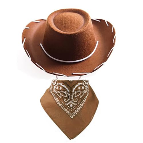 FPAEHRY 2PCS Child Cowboy Hat Childrens Western Denim Square Scarf Unique Denim Style Western Denim Childrens Theme Birthday Party Clothing Accessories (Brown)