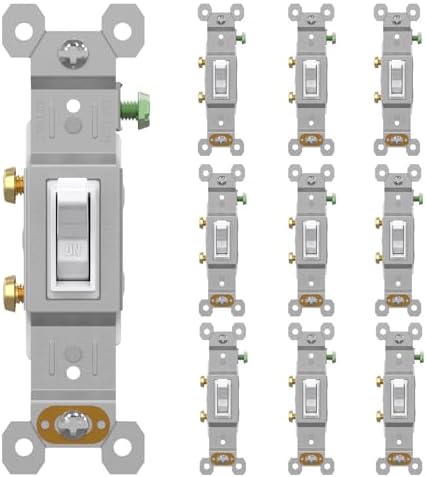 AIDA 15 Amp Single Pole Quiet Indoor Toggle Switch Self-Grounding ON Off, Residential Grade, UL Listed, Quickwire Push-in & Side Wired (White, 10 Pack)