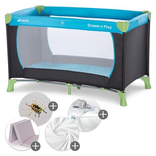 hauck Baby Reisebett Dream N Play XXL-Sparset mit Matratze, Insektenschutz, Betteinlage & Spannbettlaken - faltbares Kinder Babyreisebett mit Tasche - Waterblue