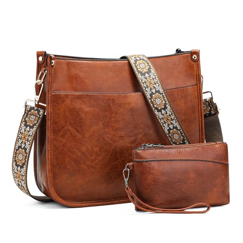 BAIGIO Crossbody Bags for Women Trendy Vegan Leather Hobo Bags Crossbody Purses for Women Handbags and Wallet 2PCS With Adjustable Guitar Shoulder Strap (Brown)