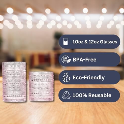 Image of Khen Hobnail Beaded Highball Drinking Tumbler Glasses | Set of 12 | Pink Blush Color, Vintage Bubble Design Whiskey Glassware, Old-Fashioned, Embossed Design for Water, Wine, Cocktail, Rocks Glass