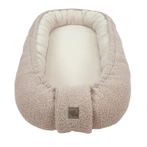 WIKLINOPOL Babynest, nid pour nouveau-né – Baby Nest 80x46 cm en Beige, nid portable en mousseline & peluche Teddy douce – nid bébé pour nouveau-né avec matelas amovible