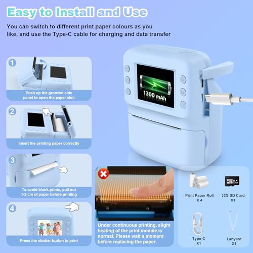 كاميرا ملونة فورية للاطفال من بينريك، كاميرا فورية 1080P HD للاطفال مع 4 لفات من ورق الطباعة وبطاقة 32GB، هدايا عيد ميلاد للبنات والاولاد من سن 3-12 سنة