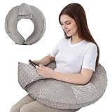 Lesekissen für Gaming, Armlehne Unterstützung Bücherkissen, U-förmiges Lap Kissen mit Seitentasche zum Sitzen im Bett/Sofa/Boden, Häkelkissen mit Tablet Unterstützung für Lesen, Häkeln, Arbeiten, Grau