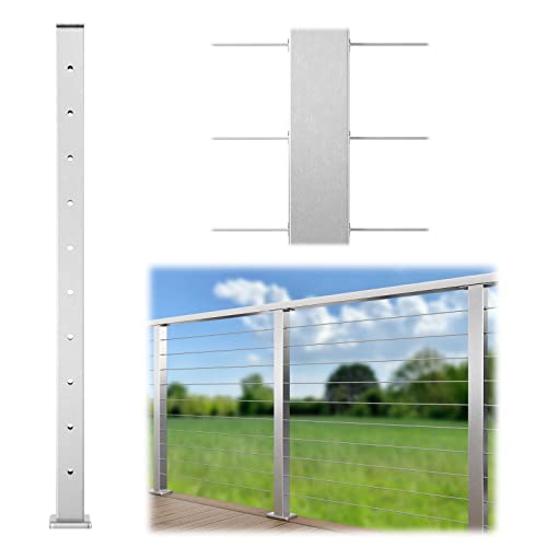 Muzata MZZ877 Level Drilled Cable Railing Post 36 Inchx2 Inchx2 Inch Fixed Top Level Line Post Top Mount Brushed Stainless Steel Wood Concrete Level Deck cover