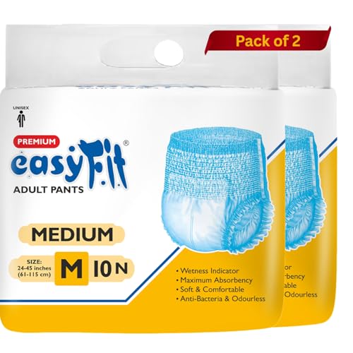 Image of Easyfit Adult Diaper Pants | 20 Count (Medium) | Waist 24-45 inch (61-115 cm) | Unisex | Leak Proof | Wetness Indicator | Overnight Protection | Elastic Waist (Pack of 2)
