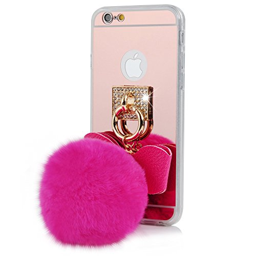 iPhone 6S Plus Case,iPhone 6 Plus Case (5.5 Inch) - Mavis's Diary Pink Mirror Soft TPU Case with 3D Handmade Bling Shiny Crystal Diamonds Lovely Hot Pink Bow with Fluff Ball Design Clear Cover