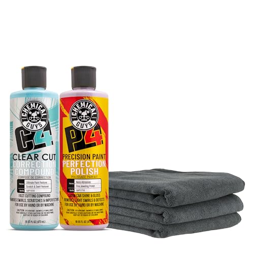 Chemical Guys C4 & P4 Correction Compound and Paint Polish Combo Pack (2-16 fl oz Paint Correction Bottles) + MIC35303 Workhorse Professional Grade Microfiber Towel, Black (3 Pack)