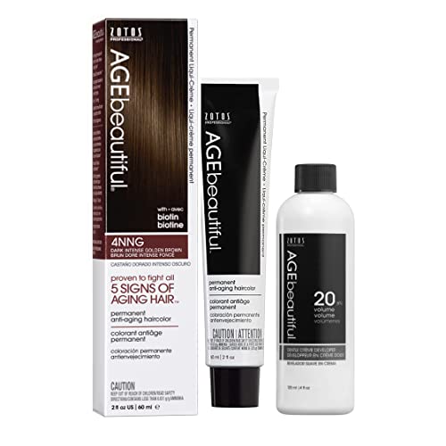 Agebeautiful Permanent Liqui Creme Hair Color Dye & Developer 20 Volume | 100% Gray Coverage | Anti-Aging | Biotin For Thicker, Fuller, Healthier Hair | 4Nng Dark Intense Golden Brown #TOP5