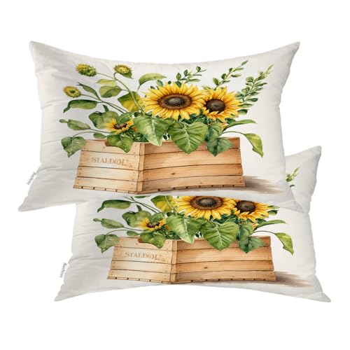 BaoNews Sunflowers in Wooden Box Throw Pillow Covers, Beautiful Flower Painting Cushion Cases Digital Blended Hidden Zipperl Decorative Pillow Covers Lumbar 12X20 in 2 Pcs