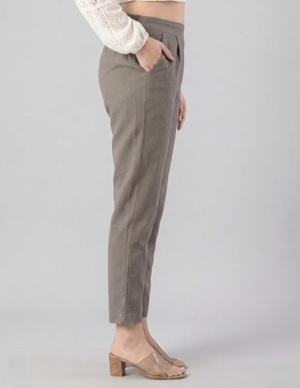 Image of Solid Cotton Woman Trousers Pants Regular Fit Kurti Pant with Drawstring Daily Office Formal Casual Use