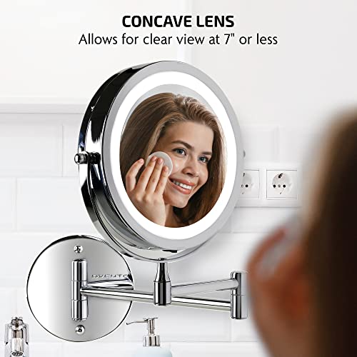 Image of OVENTE 7 inch Wall Mounted Lighted Makeup Mirror, Polished Chrome MFW70CH1X7X | Cordless Double Sided 1X /7X Magnifying Mirror for Bathroom with LED Lights, 360 Rotation, Extendable Arm, Battery Operated