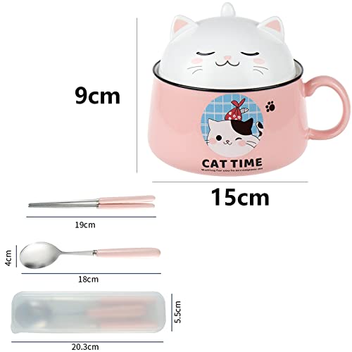 DYOUen Ramen Bowl with Handle and Lid, Ceramic Instant Noodle Bowl for Soup Salad, Cereal (Pink) - Image 2