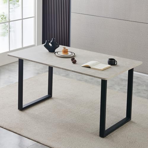 AINPECCA 150cm Dining Table Rectangle Marble Effect Beige Top with U Shape Metal Black Legs for 4-6 Seaters Home Kitchen