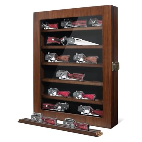 Knife Display Case, Lockable Pocket Knives Display Box Cabinet with HD Tempered Glass, 6 Rows Military Folding Knife Stand with Removable 2 Grooves Shelves for Wall Mounted and Desk Display, Walnut Cover