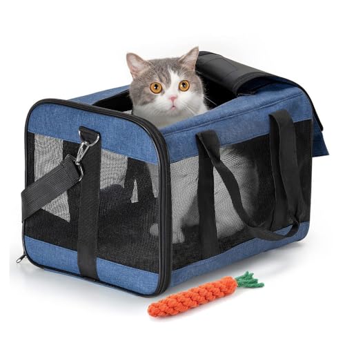 Treer Borsa per Trasporto Gatti Piccoli da Passeggio, Pieghevole Trasportino Cane per Gatto Cane Cani, Trasportino Morbido e Aereo Borsa per Animali Domestici Viaggio (S 42x28x28cm,Blu scuro)