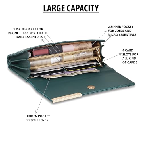 Image of Wallet for Women Girls Stylish Floral Faux Leather with Phone Space Coin Compartment Mobile Storage 4 Card Slots Holder Cash Zip Pockets Hand Clutch for Daily Use Ladies Long Purse (Green)