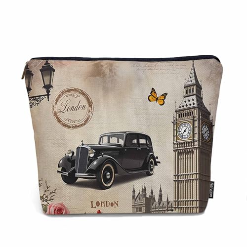 Kalygon London Cosmetic Bags For Women, Vintage London Retro Car Big Ben Rose Roomy Makeup Bag Toiletry Bag Accessories Organizer Storage Bags Makeup Pouch For Travel Business Gym Camping Bathroom