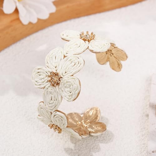 Raffia Colorful Flower Cuff Bracelet For Women Statement Chunky Spring Summer Floral Tropical Beachy Vacation Wide Open Bangle Boho Jewelry Accessories3