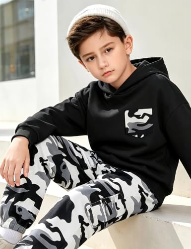 Image of KANGKANG Boys Clothes Two Piece Long Sleeve Hooded Sweatshirt Top Camouflage Sweatpants Fall Outfits Winter Clothes Set 6-16Y
