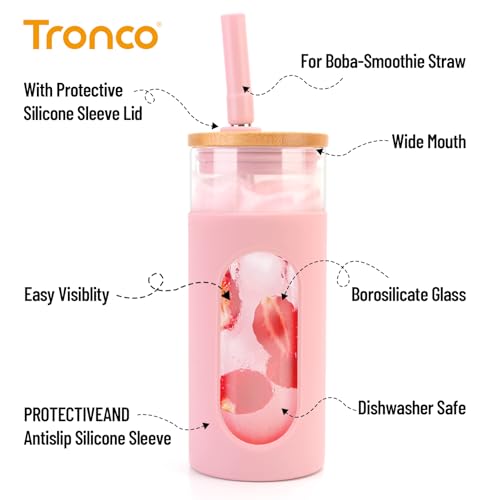 Tronco 20oz Glass Tumbler with Bamboo Lid and Straw, Reusable Iced Coffee Cup for Boba Tea, Smoothies & Cold Drinks, Spill-Proof Glass Cup with Silicone Sleeve, Dishwasher Safe, BPA-Free