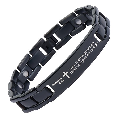 Philippians 4:13 - Titanium Prayer Bracelet - Magnetic Therapy - Adjustable (Black-colored)