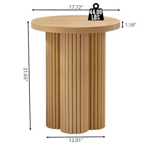 Image of Round Fluted End Table, 17.7'' Mid Century Modern Side Table, Circle Bedside Tables Drink Table Wood Nightstand for Small Spaces, Living Room (Natural-1PCS)