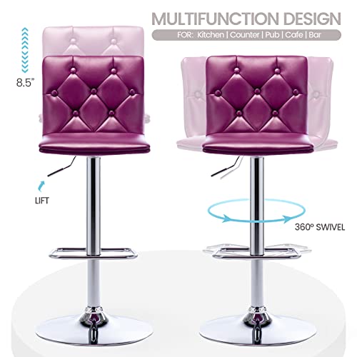 Brage Living Tufted Adjustable Bar Stools, Modern Pu Leather Swivel Airlift Barstools With Back, Armless Counter Height Bar Chairs For Kitchen Dining Pub Cafe Set Of 2 (Purple) #TOP4