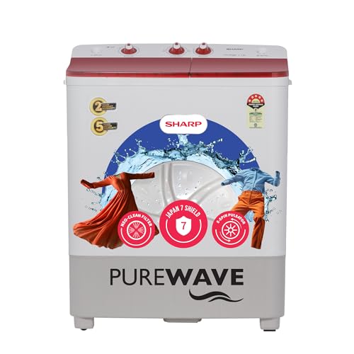 Image of SHARP 7 kg, 5 star with E-Spin Pulsator,Semi-Automatic Top Loading Washing Machine, 1300 RPM (ES-SD70NB-PR, Ruby Red, Pure Wave)