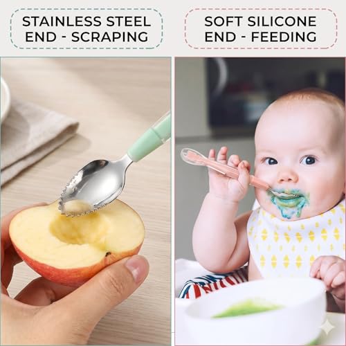 Image of VIN Double Head Baby Spoon Silicone Soft Baby Fruit Scraping Mud Feeding 2 in1 Multifuntional Serrated Training Spoon Scrapping Fruits for Children Babies Kids /Toldder Multicolor