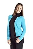 Cashmere Boutique Damen-Strickjacke aus 100 % reinem Kaschmir, Rundhalsausschnitt, lange Ärmel, Knopfleiste, weicher und warmer Pullover, Türkis, Blau, Klein