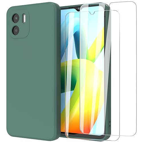 MIKULLE Hülle für Xiaomi Redmi A1 / Redmi A2 4G Schutzhülle + 2 Stück Schutzfolie, Weiche TPU Flüssig silikonhülle, Stoßfestem Gummi Handyhülle für Xiaomi Redmi A1 / Redmi A2 4G - Dunkelgrün