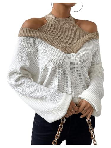 Milumia Women's Fall Color Block Off The Shoulder Crew Neck Long Sleeve Knitted Pullover Sweater