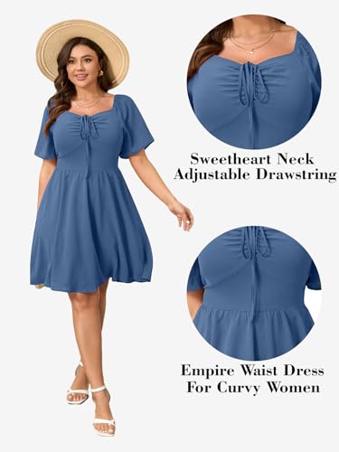 Image of RWJ Women Plus Size Summer Dress Short Sleeve Tie Front Sweetheart Neck Casual Mini Wedding Guest Dresses 2025