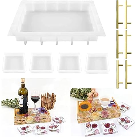13.5" Rectangular x 2" Deep Large Tray Mold and 4 Deep Resin Coaster Molds and 3 Pairs Handles, Silicone Tray Board Table Clock Mold for Epoxy Resin, Floral Preservation Bouquet Cover