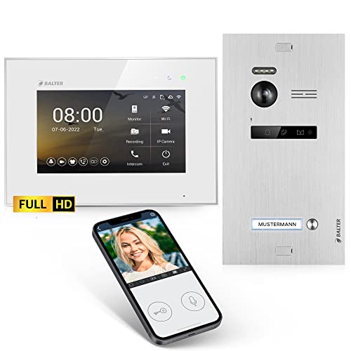 Balter EVO-HD Video Türsprechanlage, Video Türklingel, Smartphone App, 1 Familienhaus Klingel, 7 Zoll HD-Monitore, Full HD-Kamera, 2 Draht Bus, Gegensprechanlage mit 175° Weitwinkel
