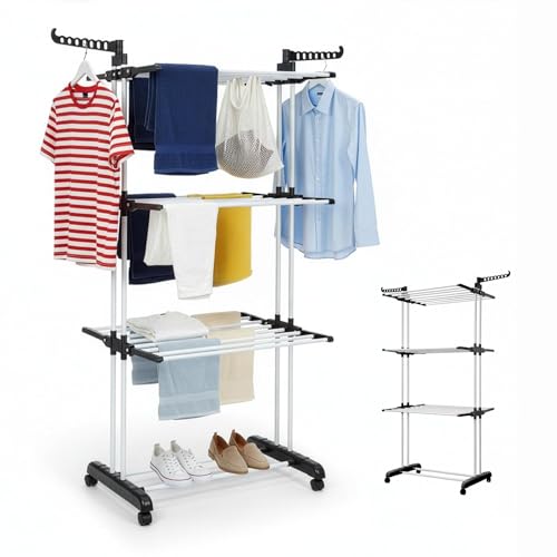 GREENSAPPIRE Wäscheständer Wäschetrockner Turm mit Rollen, Platzsparender Turm-Wäscheständer mit 6 Klappbare Flügel und 2 Drehbar Seitenflügel, Edelstahl Wäscheturm Standtrockner für Innen (Schwarz)